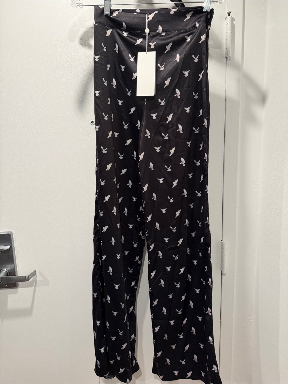 Black Silky Wide-Leg Pants with White Dove Print